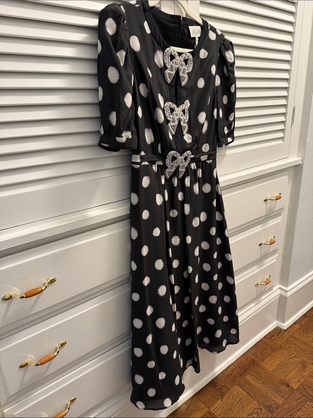 SALONI Black and White Silk Polka Dot Midi Dress with Bow Embellishments